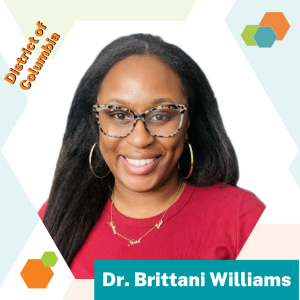 Dr. Brittani Williams postsecondary CTE leaders Fellow is pictured in a red top with glasses. Dr. Williams is a brown skinned woman with long dark hair.