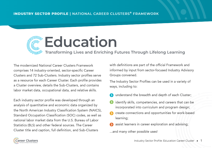 An image of the publication with a blue banner at the top with the words Education and a blue Career Clusters logo.