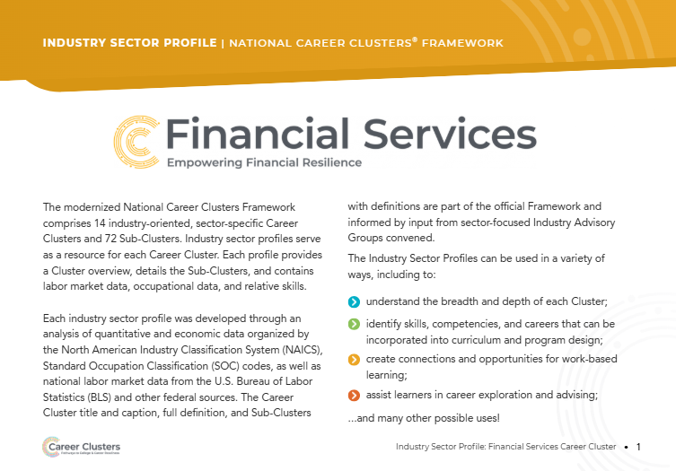 An image of the publication with a yellow banner at the top with the words Financial Services and a yellow Career Clusters logo.