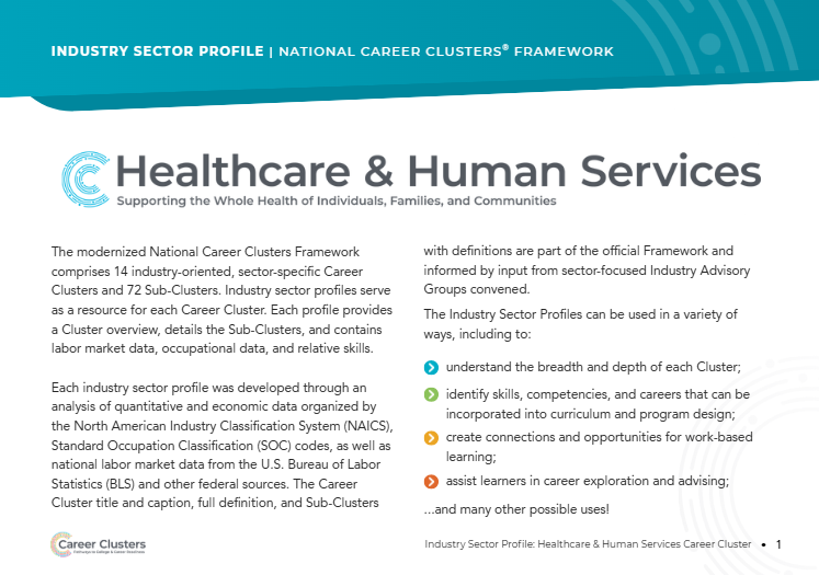An image of the publication with a blue banner at the top with the words Healthcare & Human Services and a blue Career Clusters logo.