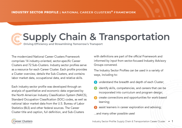 An image of the publication with an orange banner at the top with the word Supply Chain & Transportation and an orange Career Clusters logo.