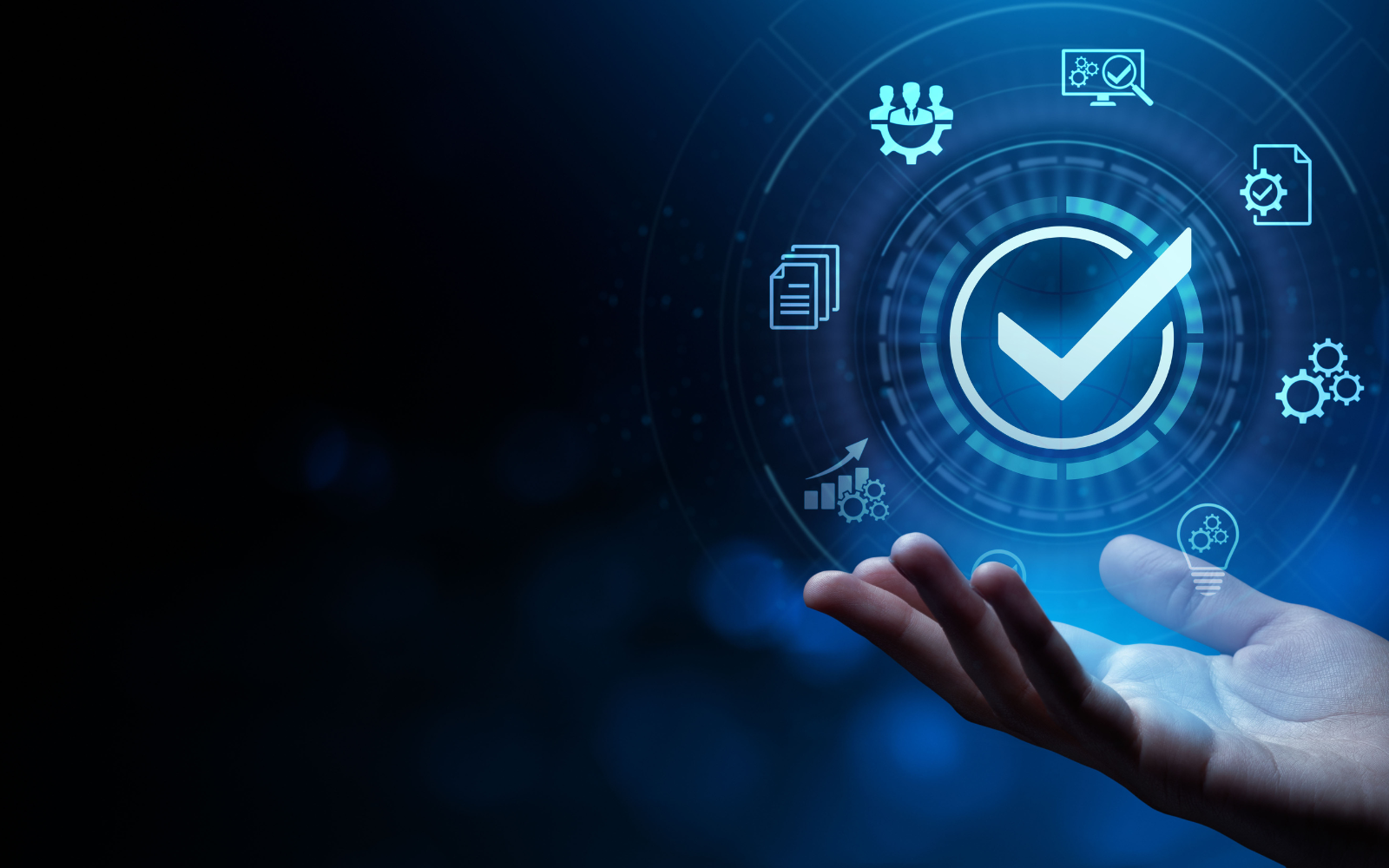 Blue-black background with a hand holding the image of a checkmark surrounded by other icons.