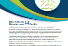 preview image for an annual report with a navy blue, green, and turquoise banner at the top and an introductory letter