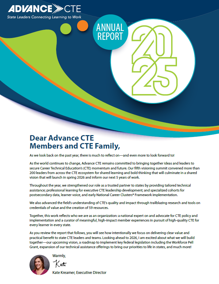 preview image for an annual report with a navy blue, green, and turquoise banner at the top and an introductory letter
