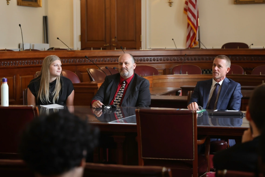 Abigail Owen (ACTE), Michael Tinsley, and Cameron Sublett during the recent Career and Technical Education Caucus briefing.