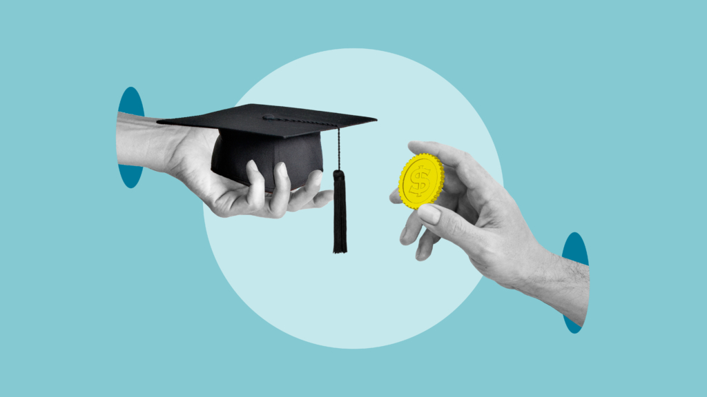 Education cost and return on investment concept with graduation cap and money exchange, tuition fees, student debt, paying for education, financial value of degree and career investment
