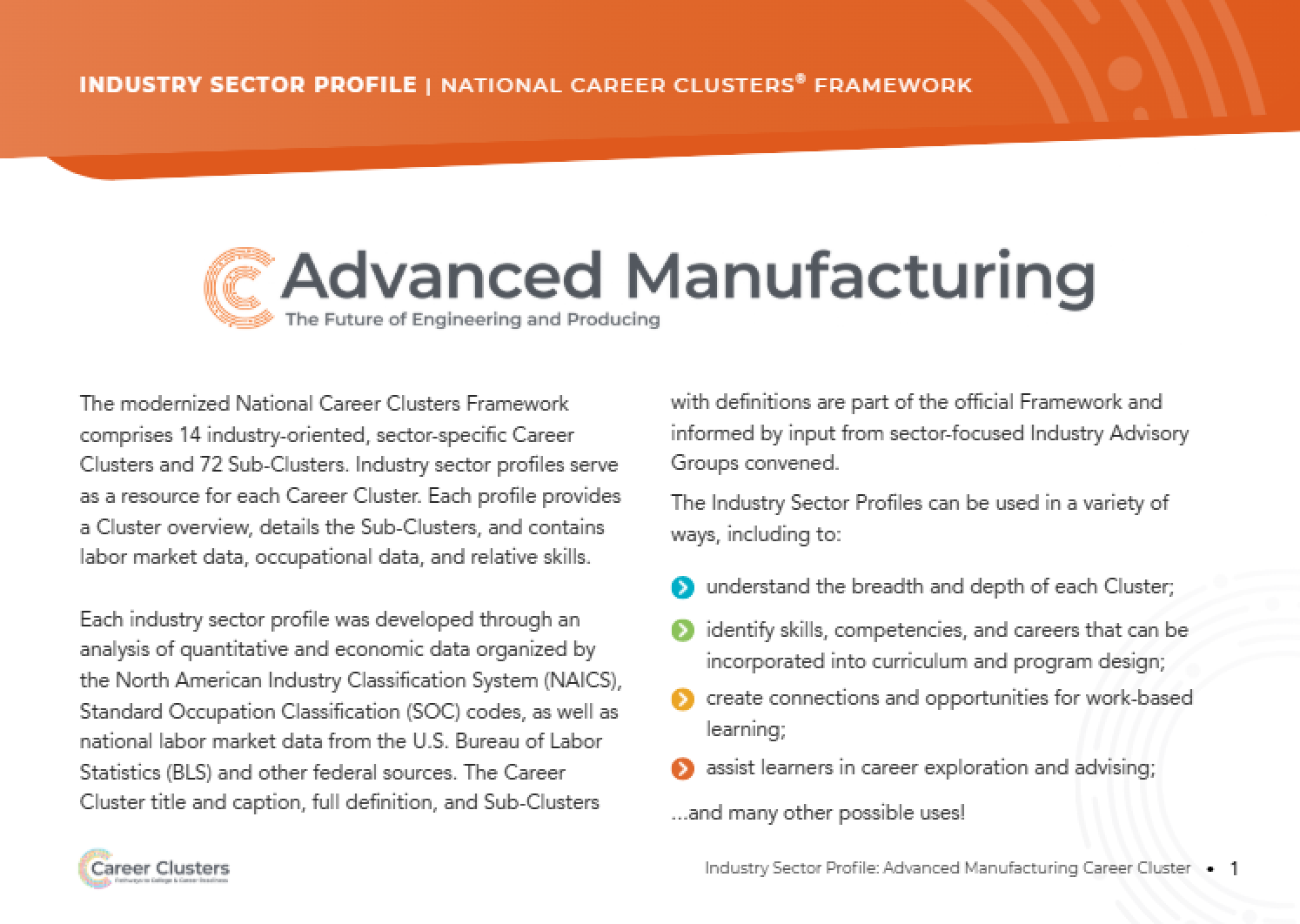 An image of the publication with an orange banner at the top with the word Advanced Manufacturing and orange Career Clusters logo.