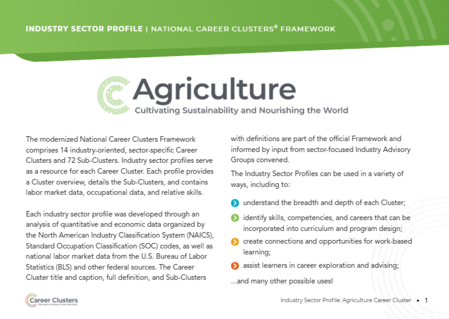 An image of the publication with a green banner at the top with the word Agriculture and green Career Clusters logo.