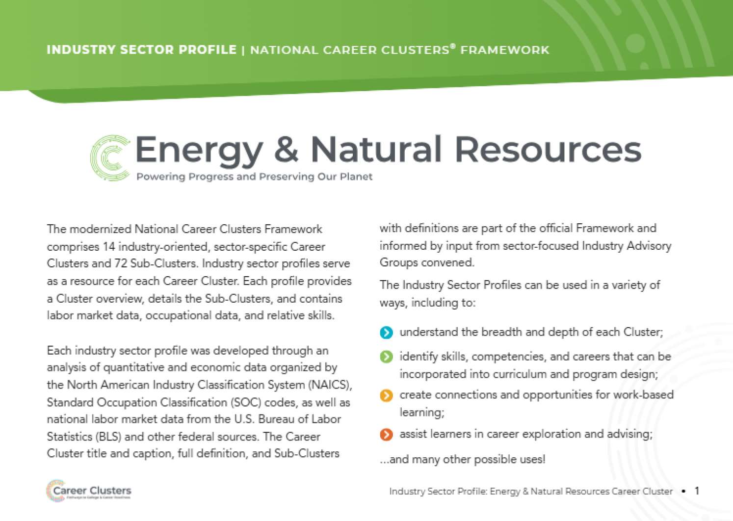 An image of the publication with a green banner at the top with the word Energy & Natural Resources and a green Career Clusters logo.