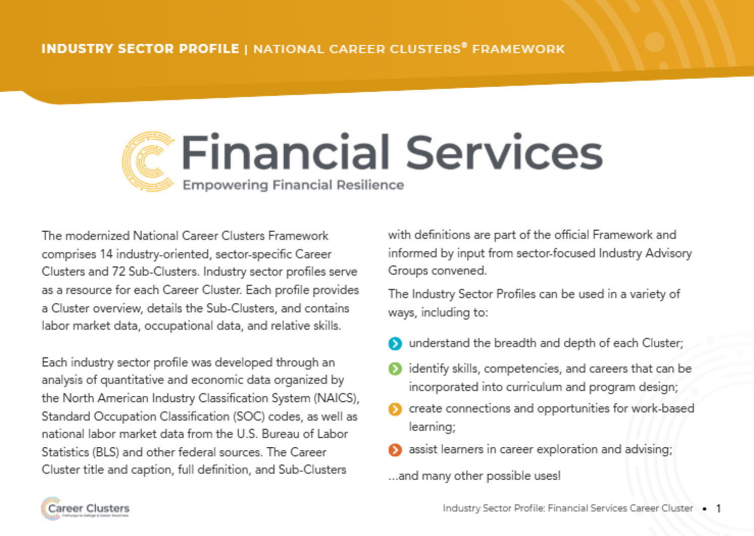 An image of the publication with a yellow banner at the top with the words Financial Services and a yellow Career Clusters logo.