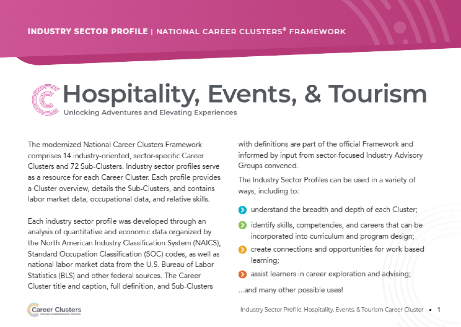 An image of the publication with a pink banner at the top with the words Hospitality, Events, & Tourism and a pink Career Clusters logo.