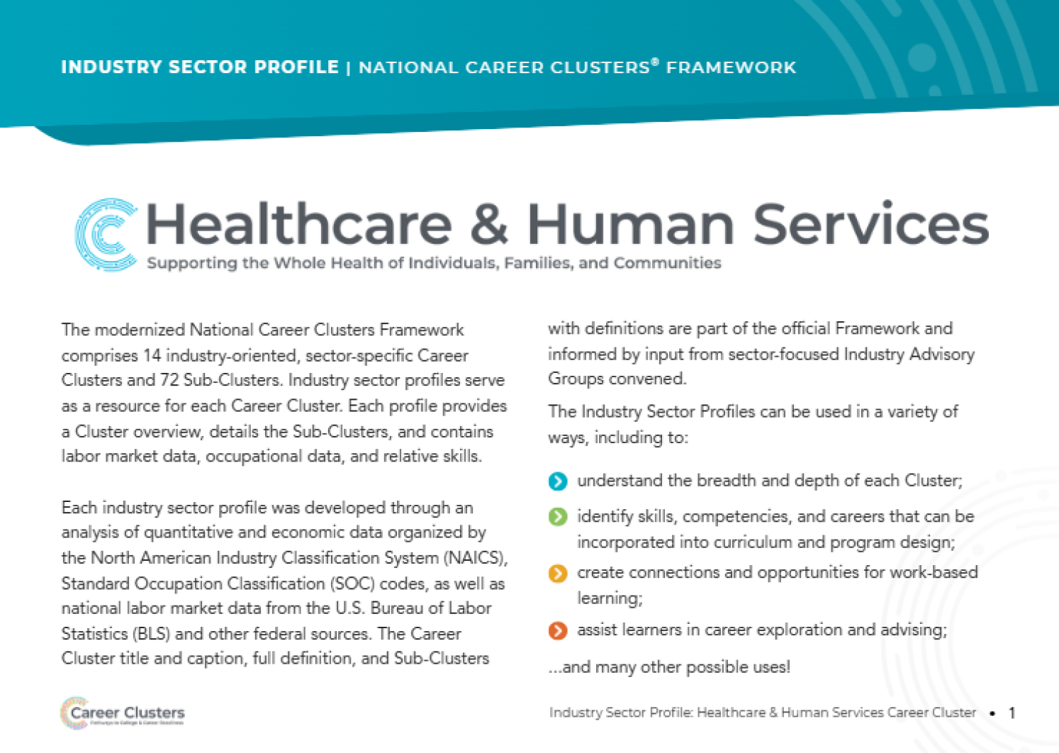 An image of the publication with a blue banner at the top with the words Healthcare & Human Services and a blue Career Clusters logo.