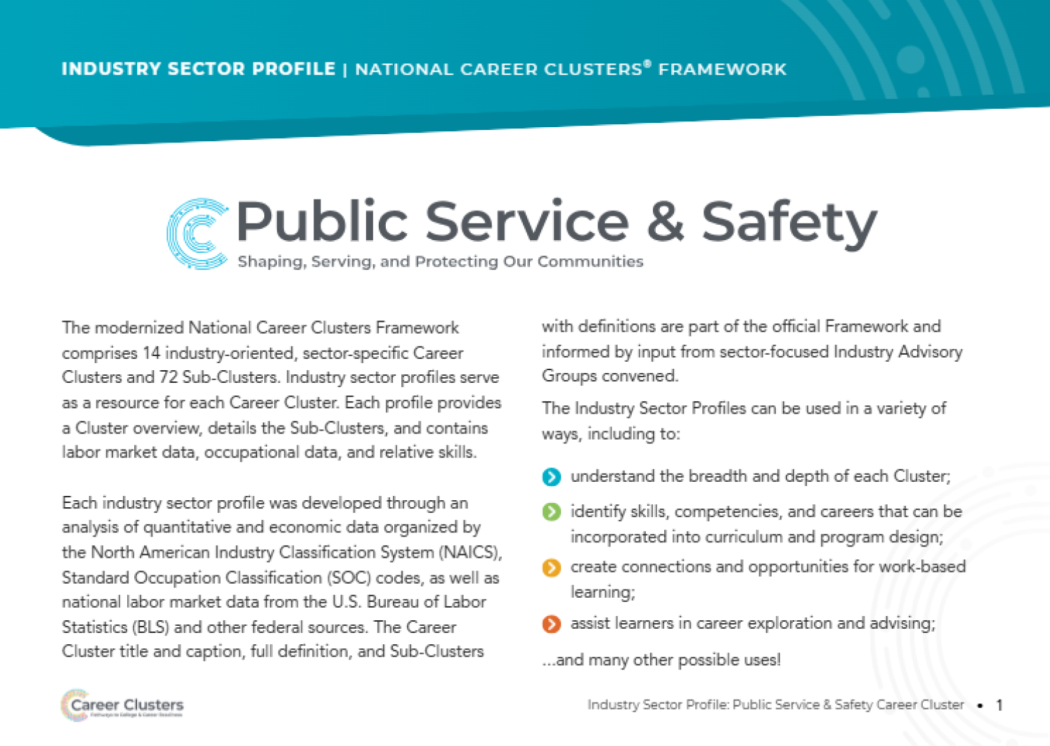 An image of the publication with a blue banner at the top with the words Public Service & Safety and a blue Career Clusters logo.