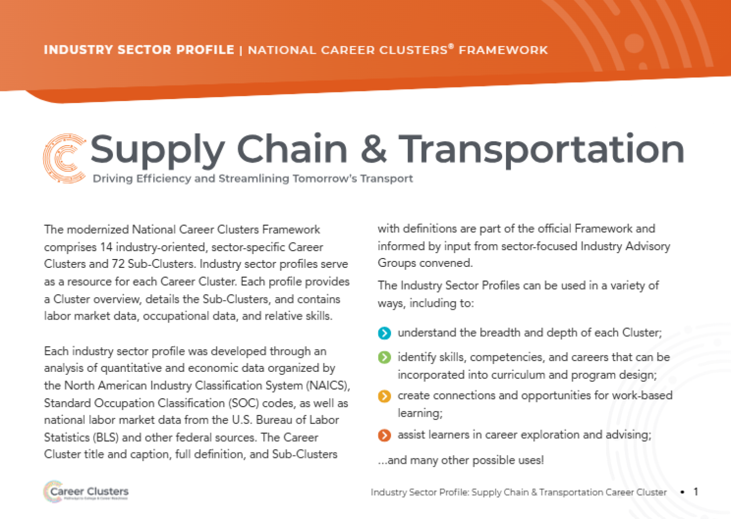 An image of the publication with an orange banner at the top with the word Supply Chain & Transportation and an orange Career Clusters logo.
